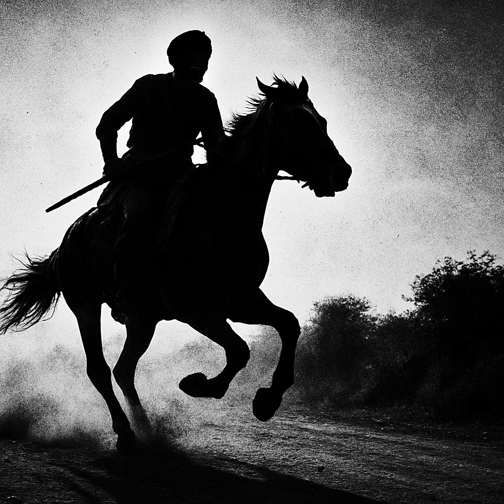 A lone rider galloping on a dirt road, kicking up dust — an emblem of resistance