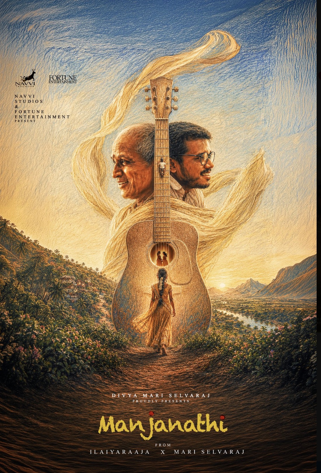 Official Manjanathi poster — an acoustic guitar woven from golden threads rising over a lush river valley, with the faces of Ilaiyaraaja and Mari Selvaraj